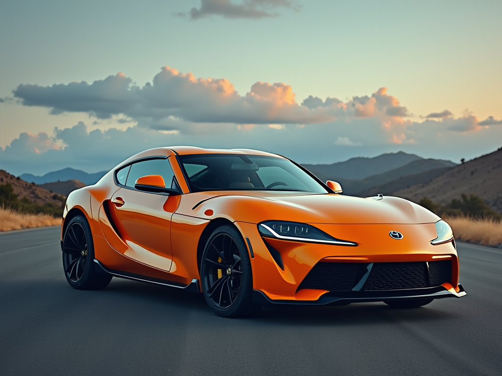 A bright orange Toyota Supra parked on a scenic mountain road during sunset, showcasing its sleek and sporty design.