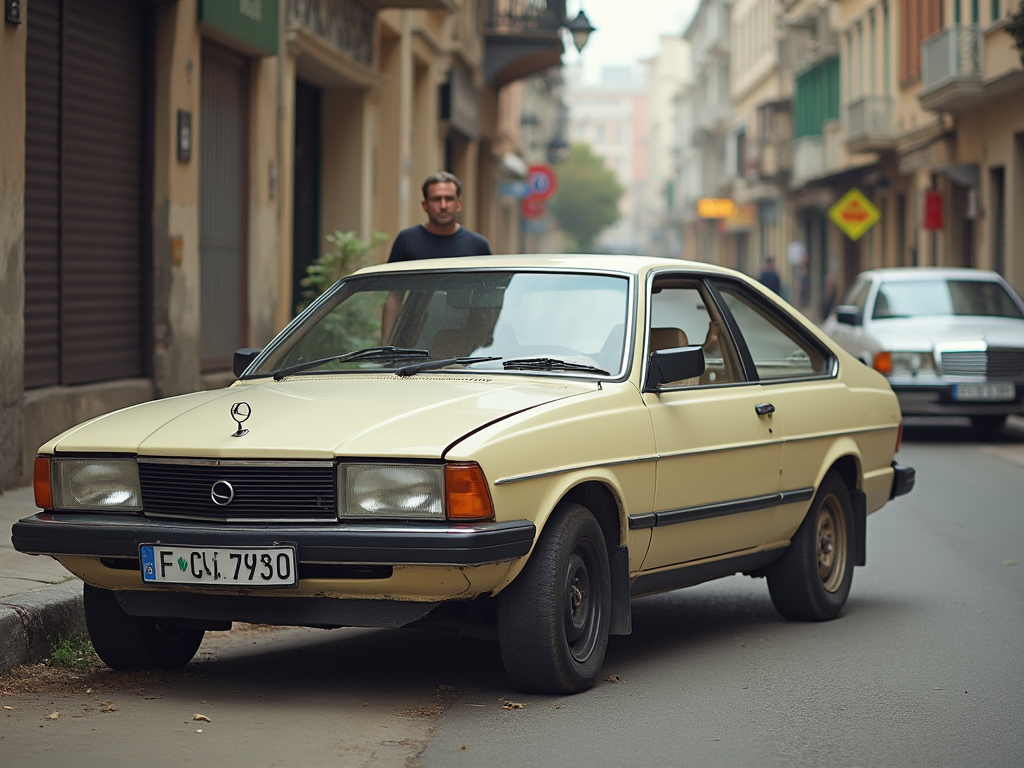 A vintage beige car parked on a quiet city street, with a man walking nearby, illustrating the need to sell older vehicles for cash.