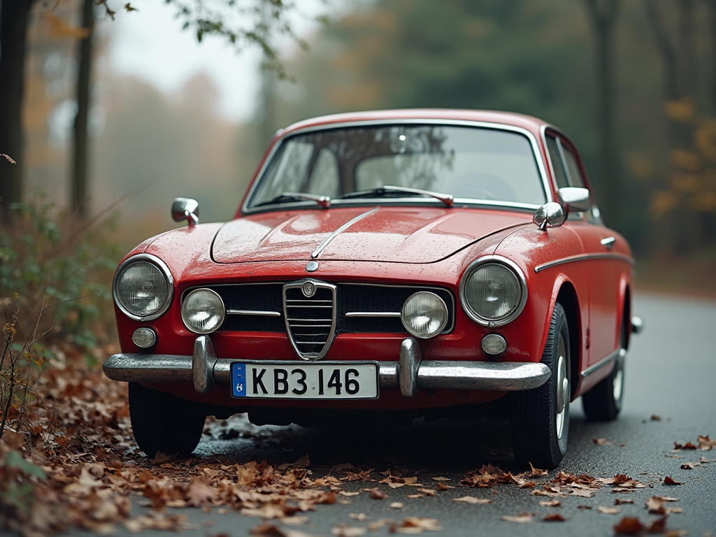 Front view of a classic red vintage car parked on a leaf-covered road in autumn.