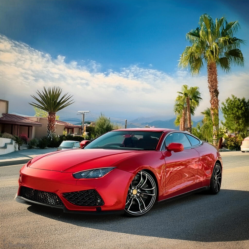 Red sports car parked on a scenic Corona road with palm trees and mountain backdrop, highlighting Carzilo's efficient car selling service.
