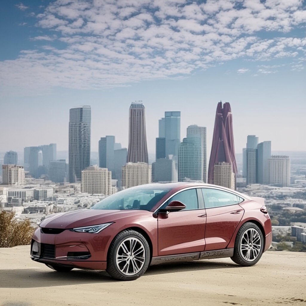 Red electric sedan parked with Los Angeles skyline in the background, highlighting Carzilo's efficient car selling service in Glendale.