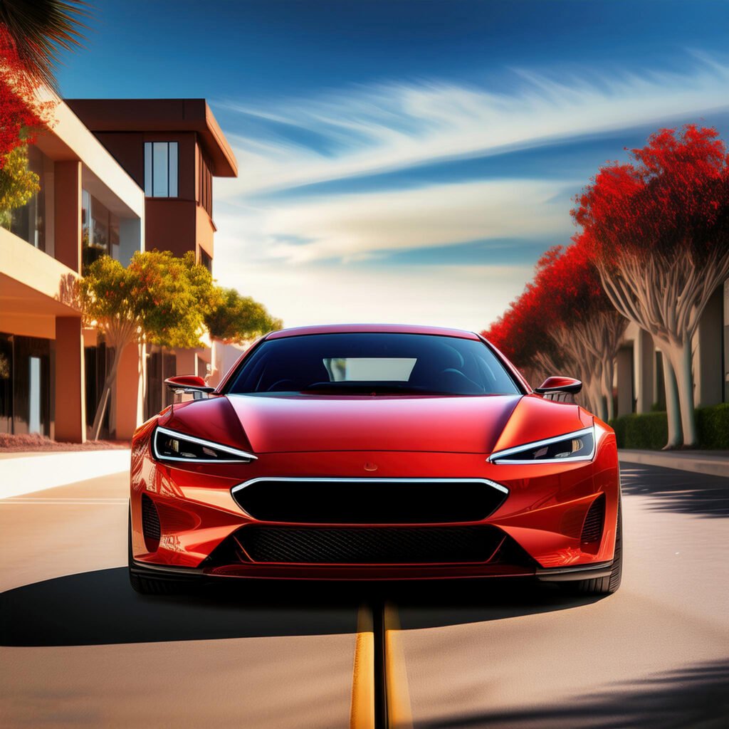 Red sports car driving through a tree-lined Irvine street, illustrating Carzilo's quick and hassle-free car selling services.
