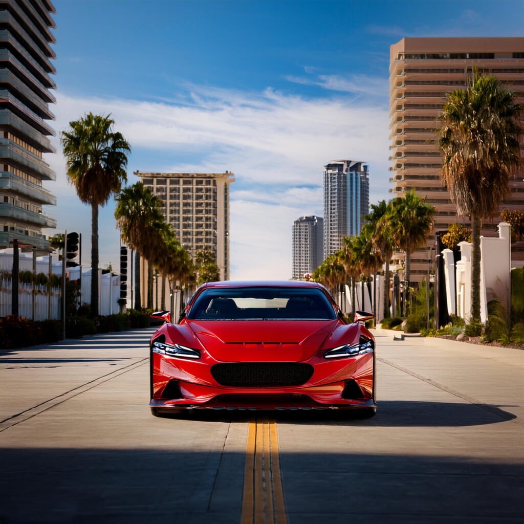 Red sports car on a sunny Oceanside boulevard flanked by palm trees and modern buildings, showcasing Carzilo's efficient car selling service.
