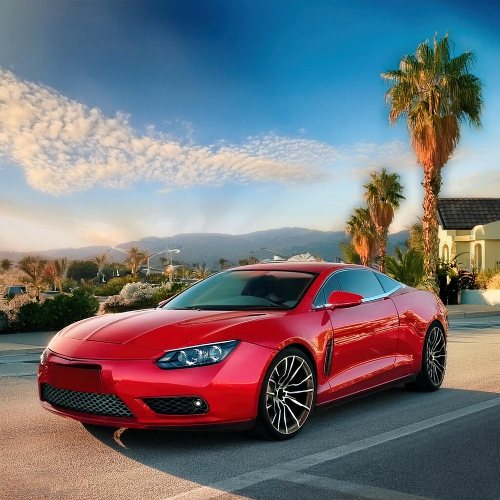 Vibrant red sports car parked in a picturesque Simi Valley setting with palm trees and mountains, emphasizing Carzilo's quick and easy car selling services.
