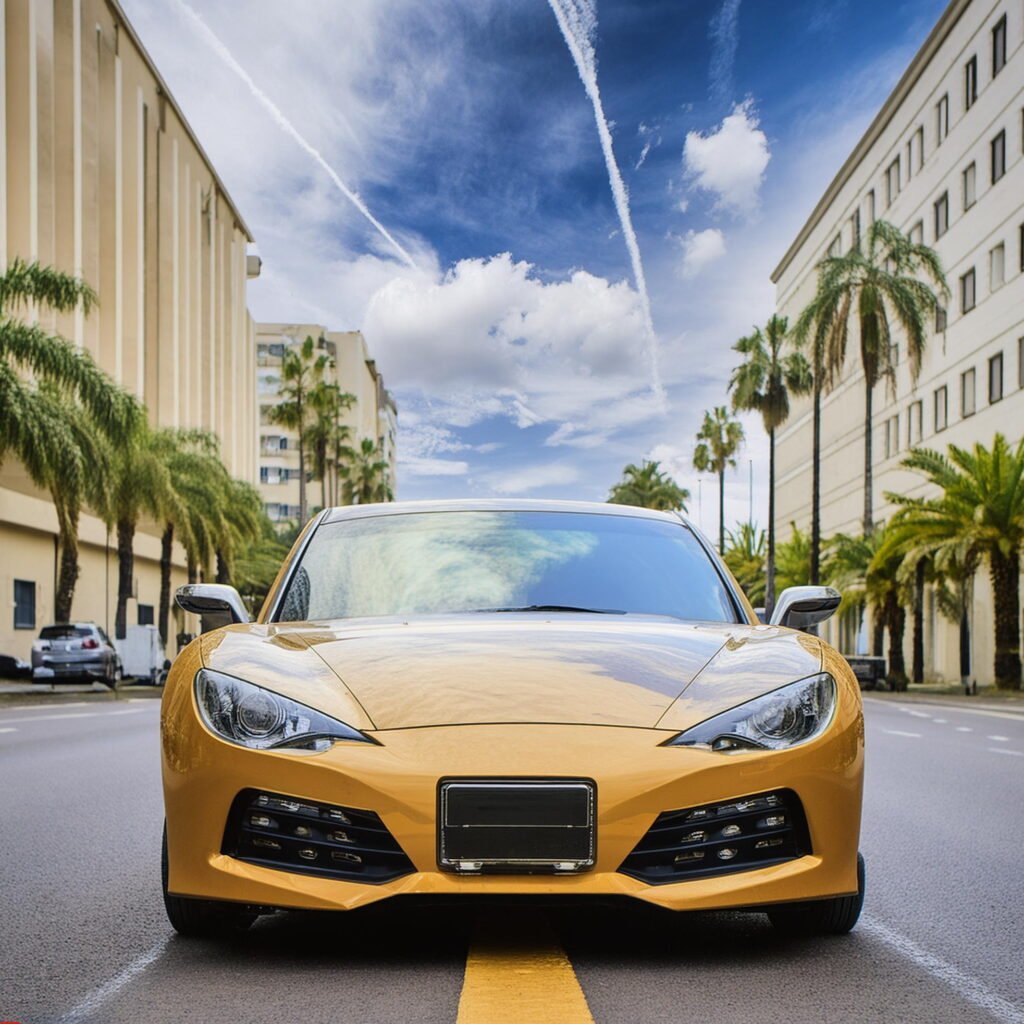 Golden sports car on a Beverly Hills street under a blue sky, capturing the premium and speedy service offered by Carzilo.
