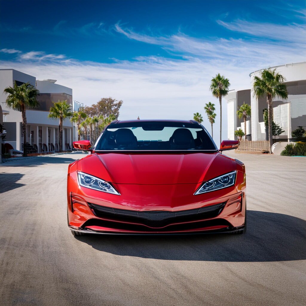 Red electric sports car in a spacious Carlsbad parking lot with palm trees and modern architecture, highlighting Carzilo's quick cash for cars service.
