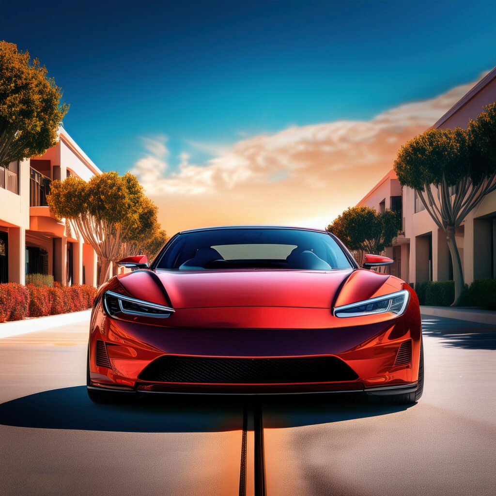 A red sports car parked between modern buildings in Garden Grove, California, under a clear blue sky.
