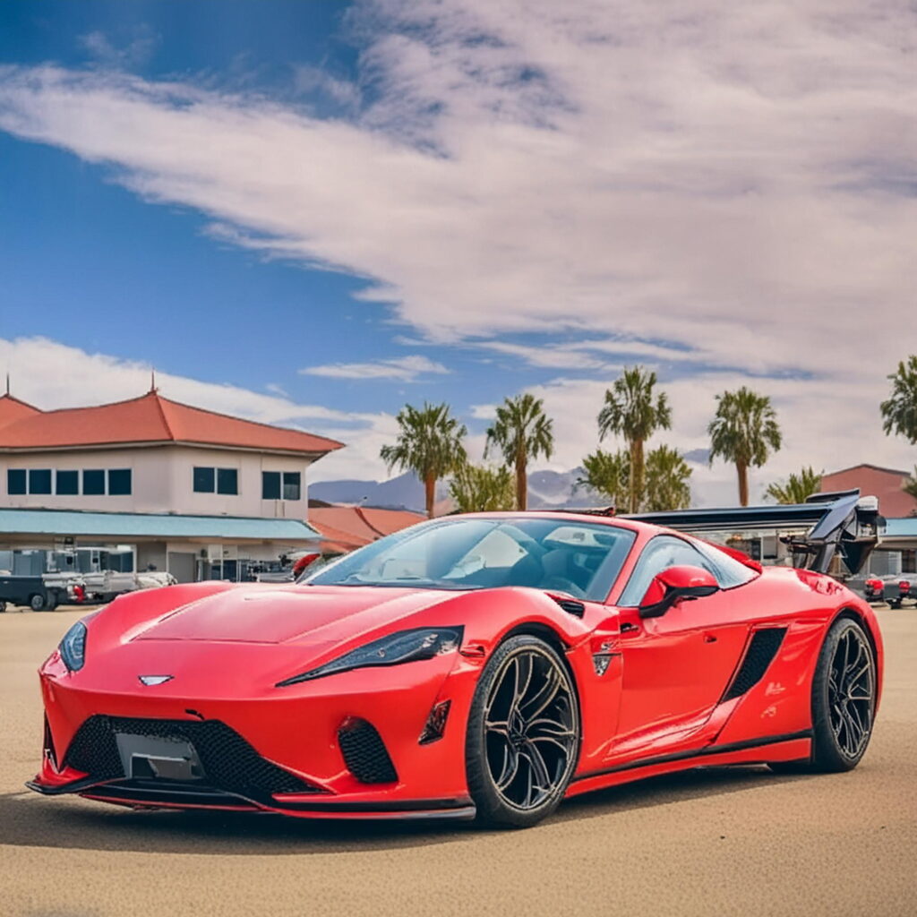 Red supercar parked in front of a building in Palmdale, illustrating Carzilo's efficient cash-for-car service.