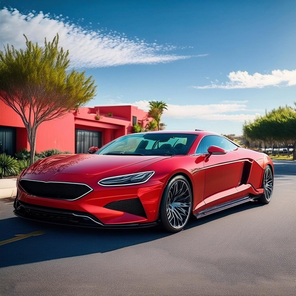 Red sports car parked on a sunny street in Temecula, California, with modern houses and trees in the background.