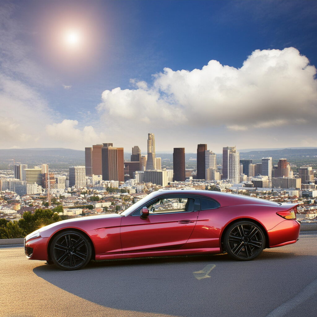 Red coupe parked with a scenic view of El Monte's cityscape, ideal for quick car selling services at Carzilo.
