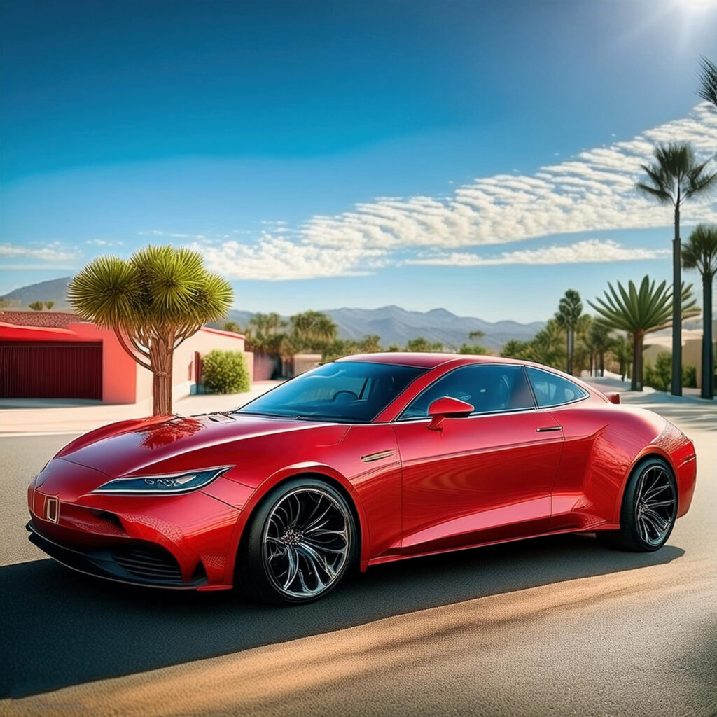 Side view of a red sports car parked in a sunny residential area in Jurupa Valley, California.