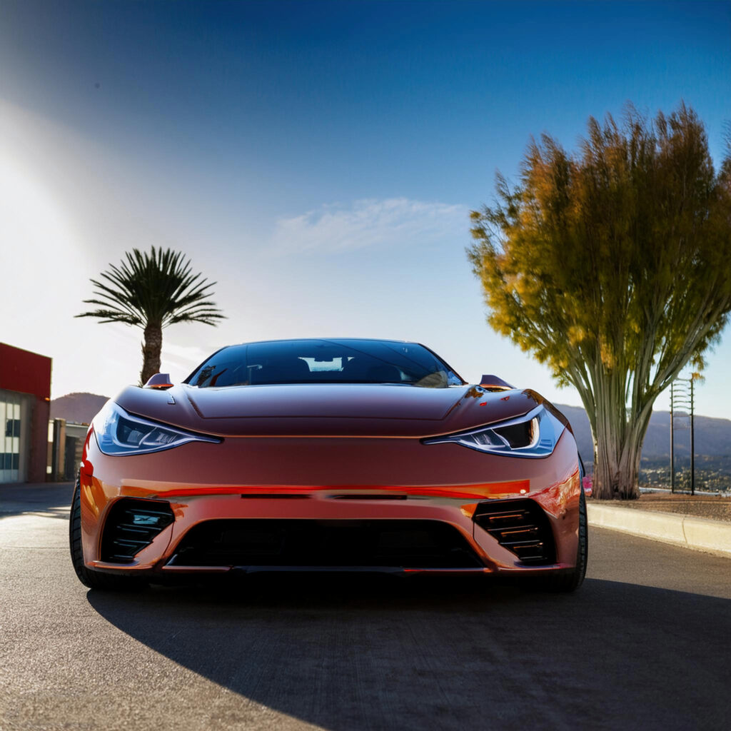 Front view of a sleek red sports car under a clear sky in Menifee, California.