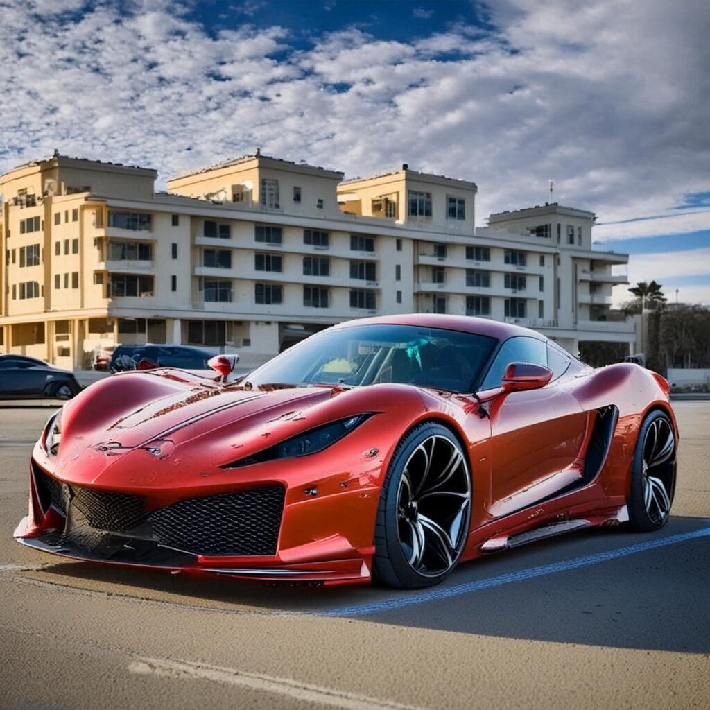 Red exotic sports car parked on a Pomona city street, emphasizing Carzilo's instant car selling service.
