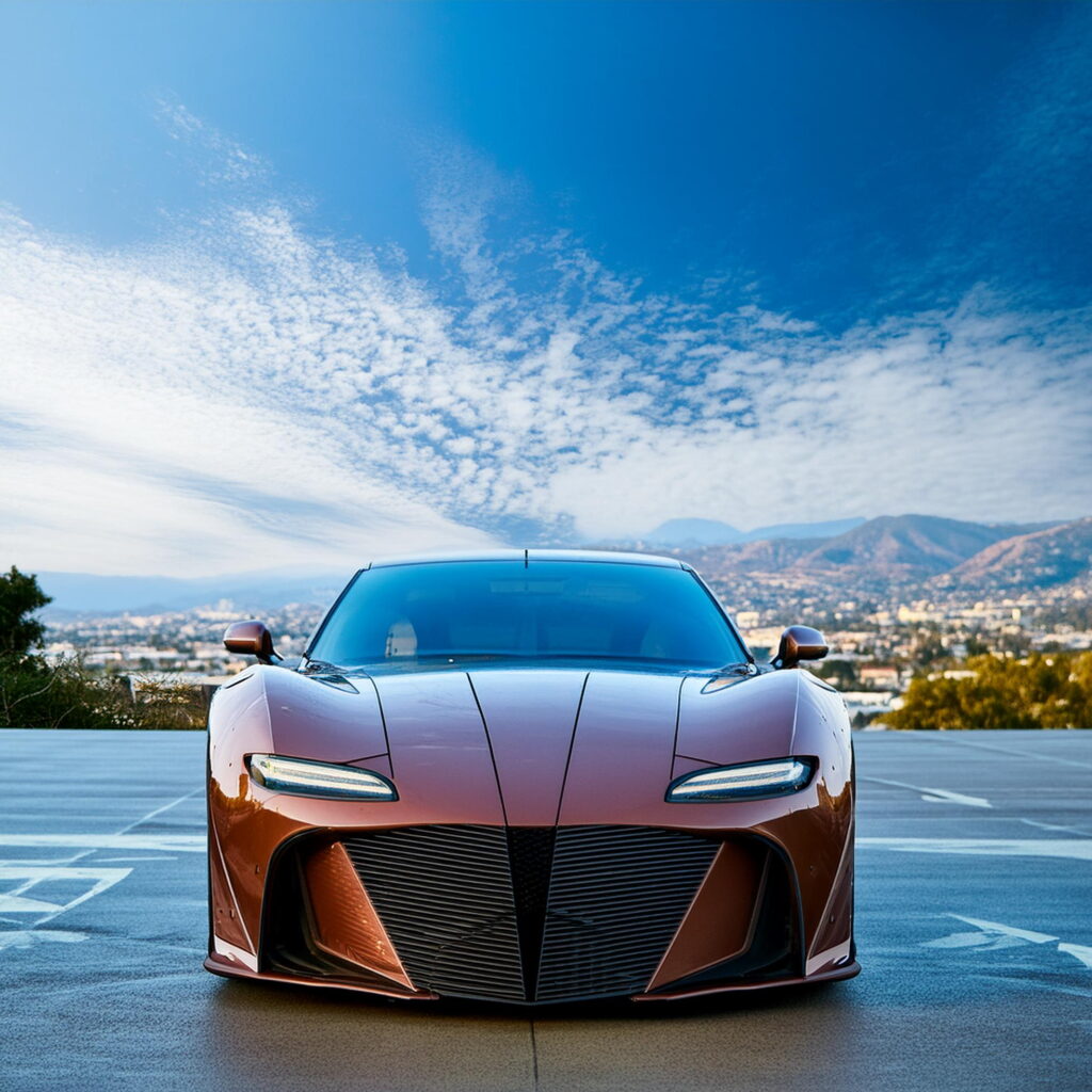 Copper-colored sports car parked with Burbank hills in the background, promoting Carzilo's quick car sale services.
