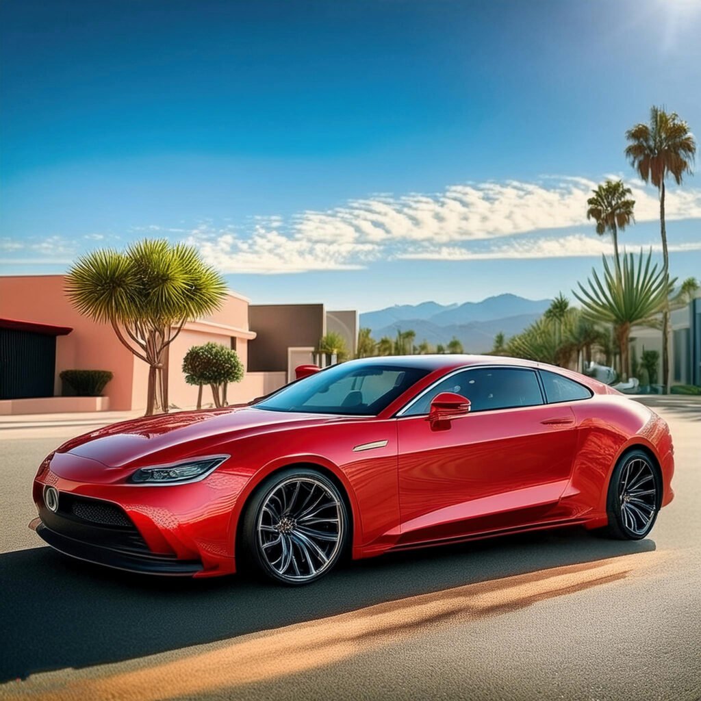 Red sports car parked in a sunny residential neighborhood in Moreno Valley, California, with mountains in the background.