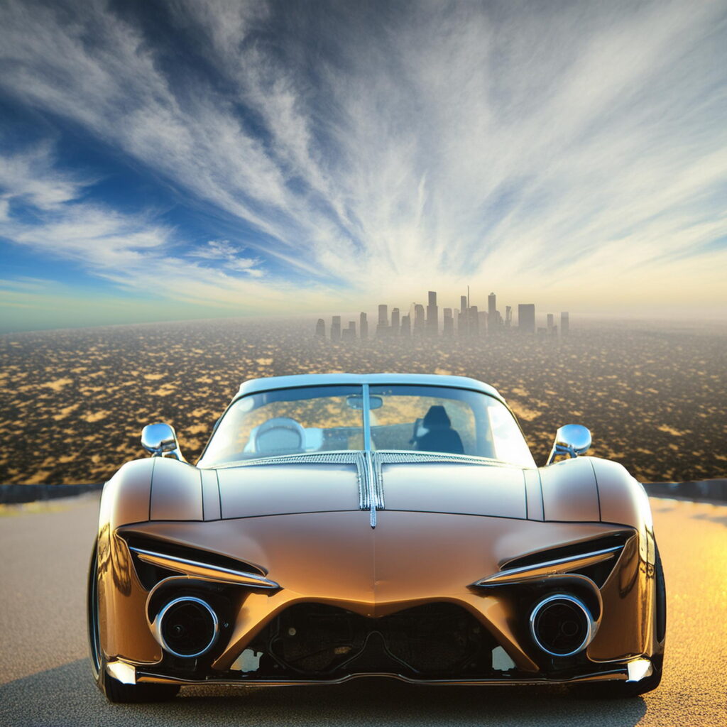 Luxury golden sports car with an expansive view of Pasadena's skyline, highlighting Carzilo's quick sale services.
