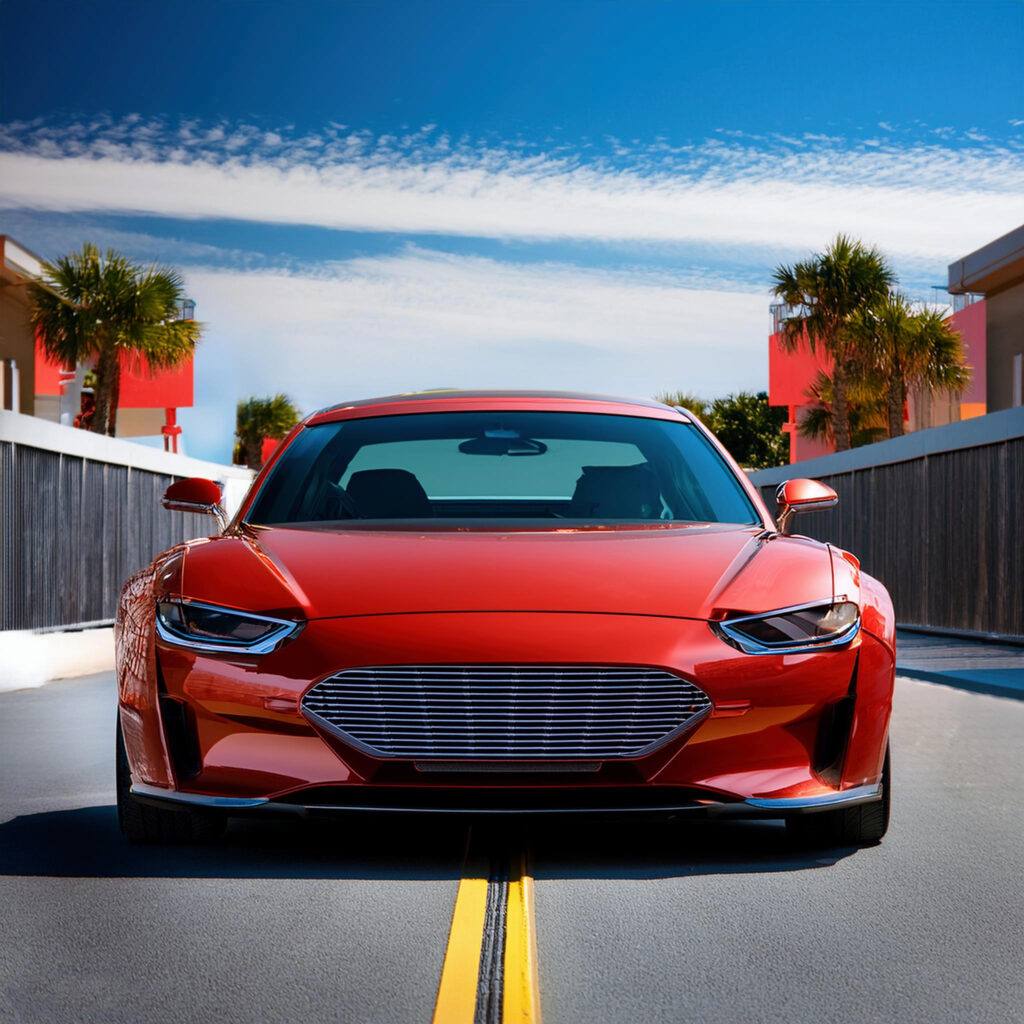 Red sedan centered on a Santa Ana road, framed by blue skies and modern architecture, showcasing Carzilo's efficient car sale services.
