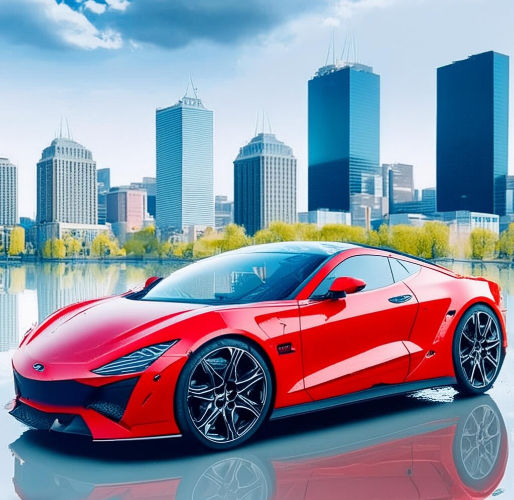 Red sports car with a reflection in water, set against a backdrop of Santa Clarita's skyline, showcasing Carzilo's efficient car sales.