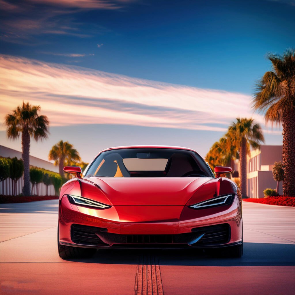 A red sports car parked on a palm-lined street in Anaheim, California, with a vibrant sunset sky in the background.