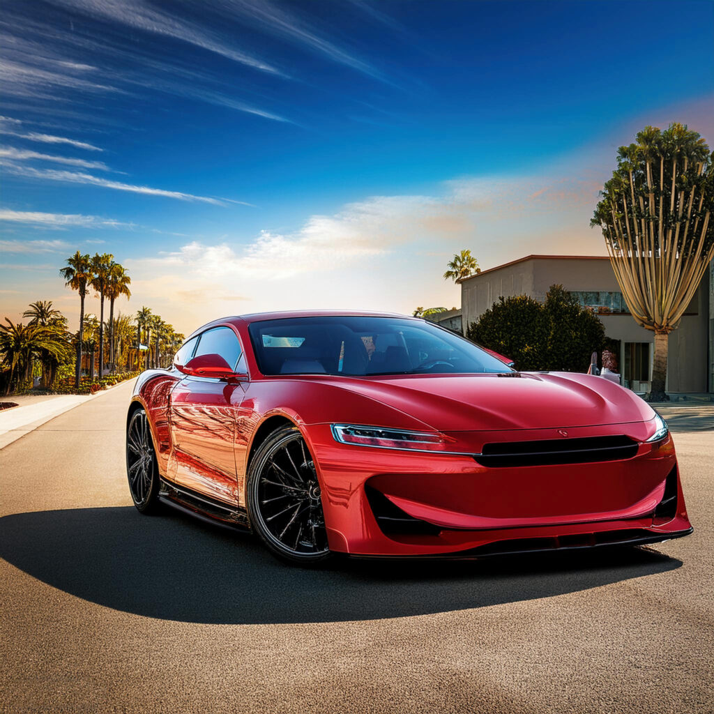 A red sports car parked on a sunny street in Fullerton, California, with palm trees and modern buildings in the background.