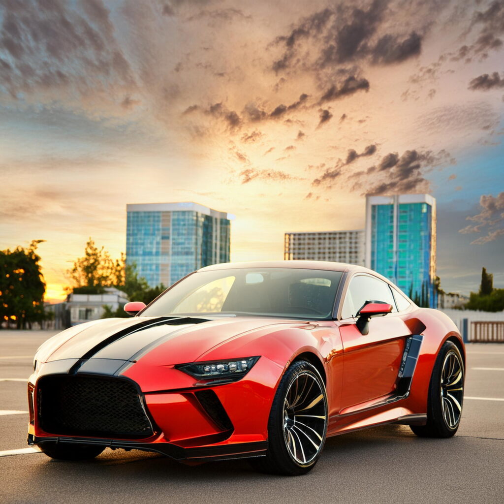 Red sports car at sunset in an Inglewood parking lot, illustrating Carzilo's quick and efficient car selling service.
