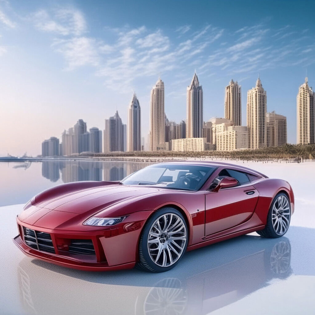 Red luxury sports car in front of skyscrapers reflecting on a shiny surface, highlighting Carzilo's fast and efficient car selling services in Long Beach.