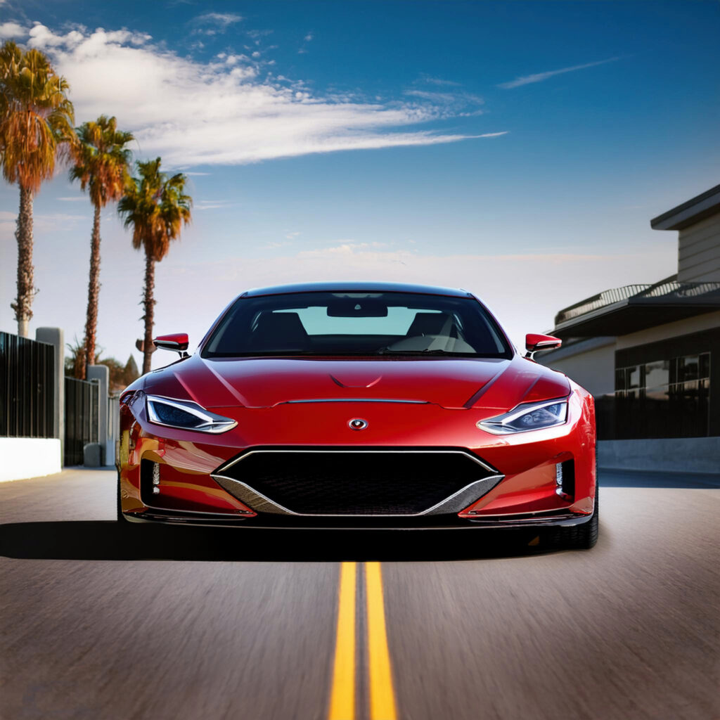 Sleek red sports car cruising down a palm-lined street in Oxnard, emphasizing the speed and convenience of Carzilo's car selling service.
