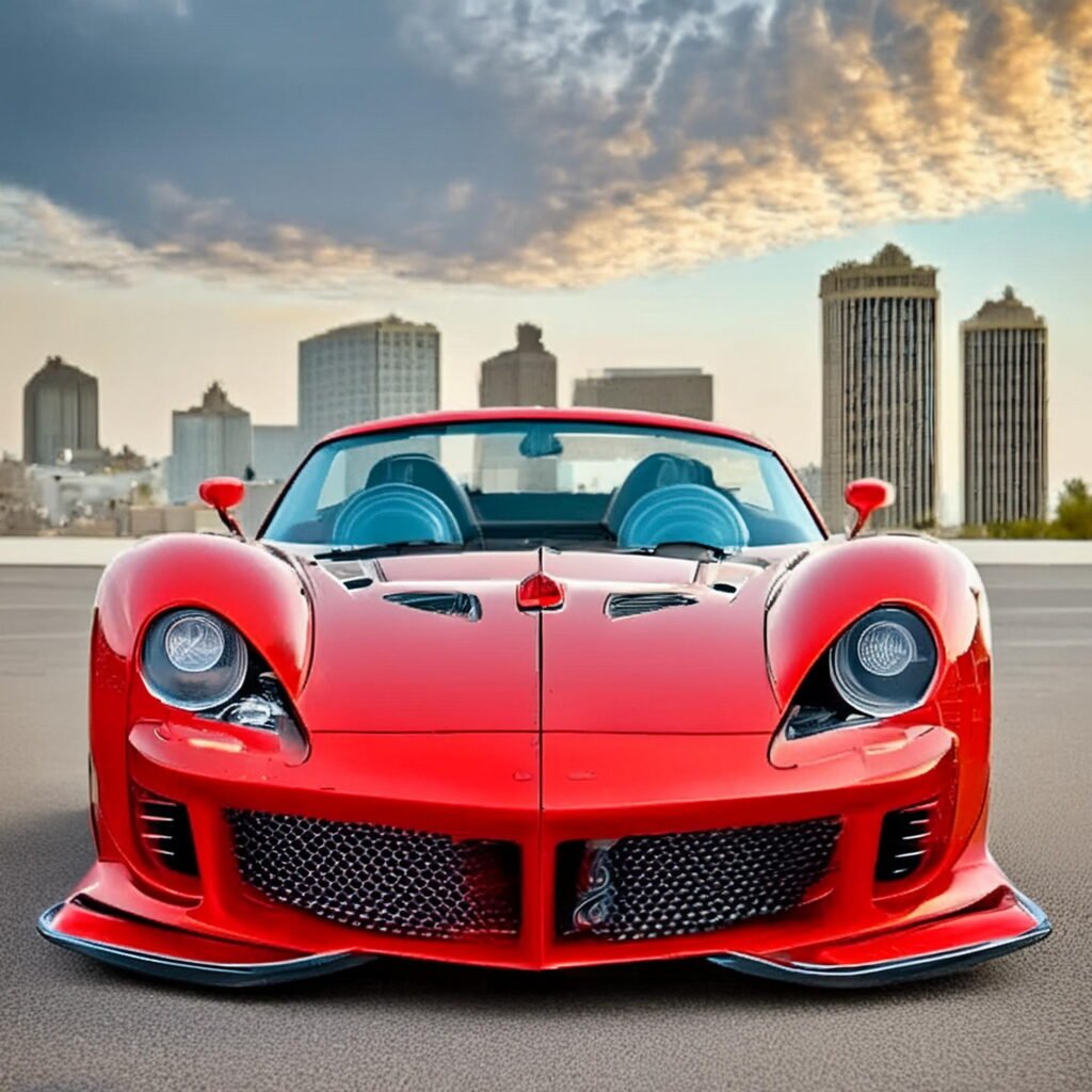 Front view of a red sports car with sleek design, parked in front of a cityscape in Torrance, California, during sunset.