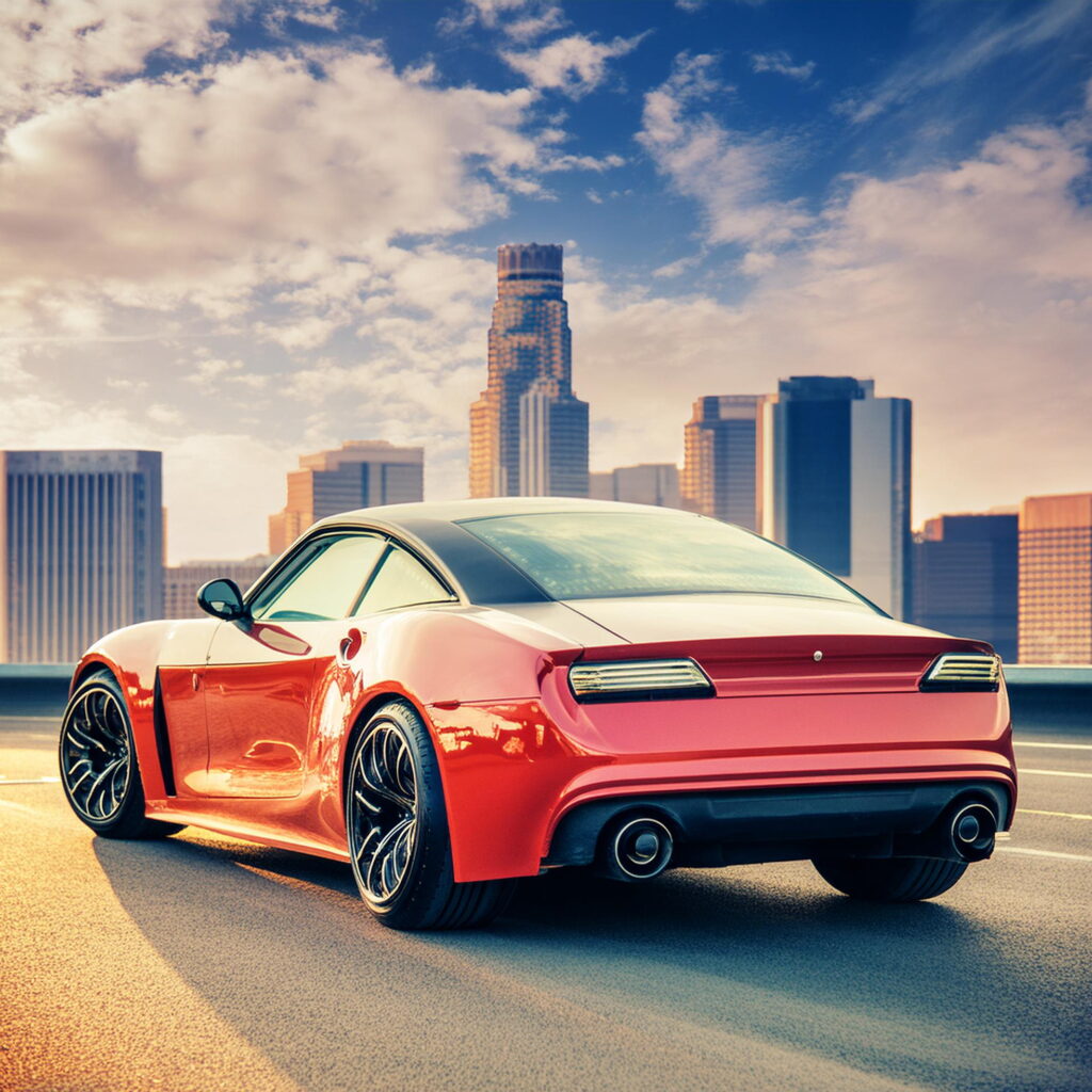 Red coupe on a city highway with downtown Downey skyline, perfect for fast, hassle-free car selling through Carzilo.
