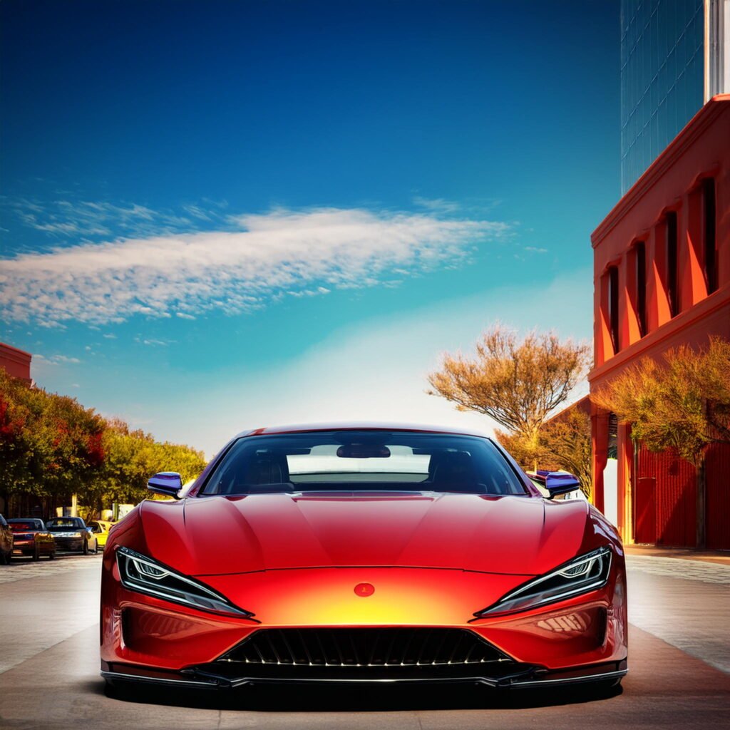 Sleek red sports car in front of a modern building in Escondido, emphasizing Carzilo's fast and efficient car selling services.
