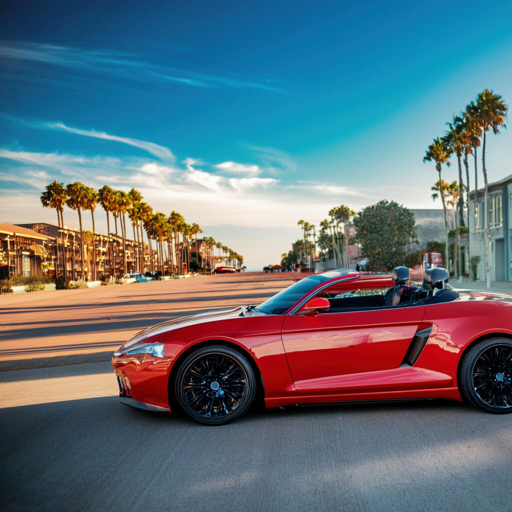 A red convertible sports car driving along a palm-lined street in Huntington Beach, California, with clear skies overhead.
