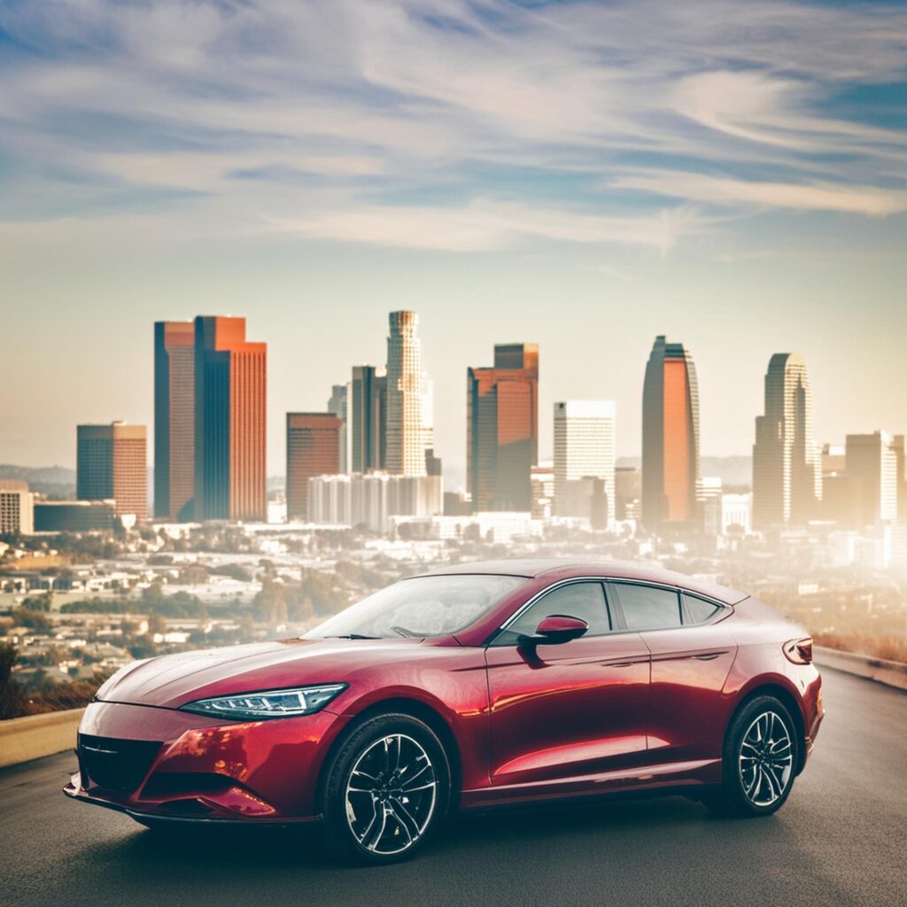 Red sports car overlooking the bustling city skyline of Lancaster, showcasing Carzilo's quick car selling services.