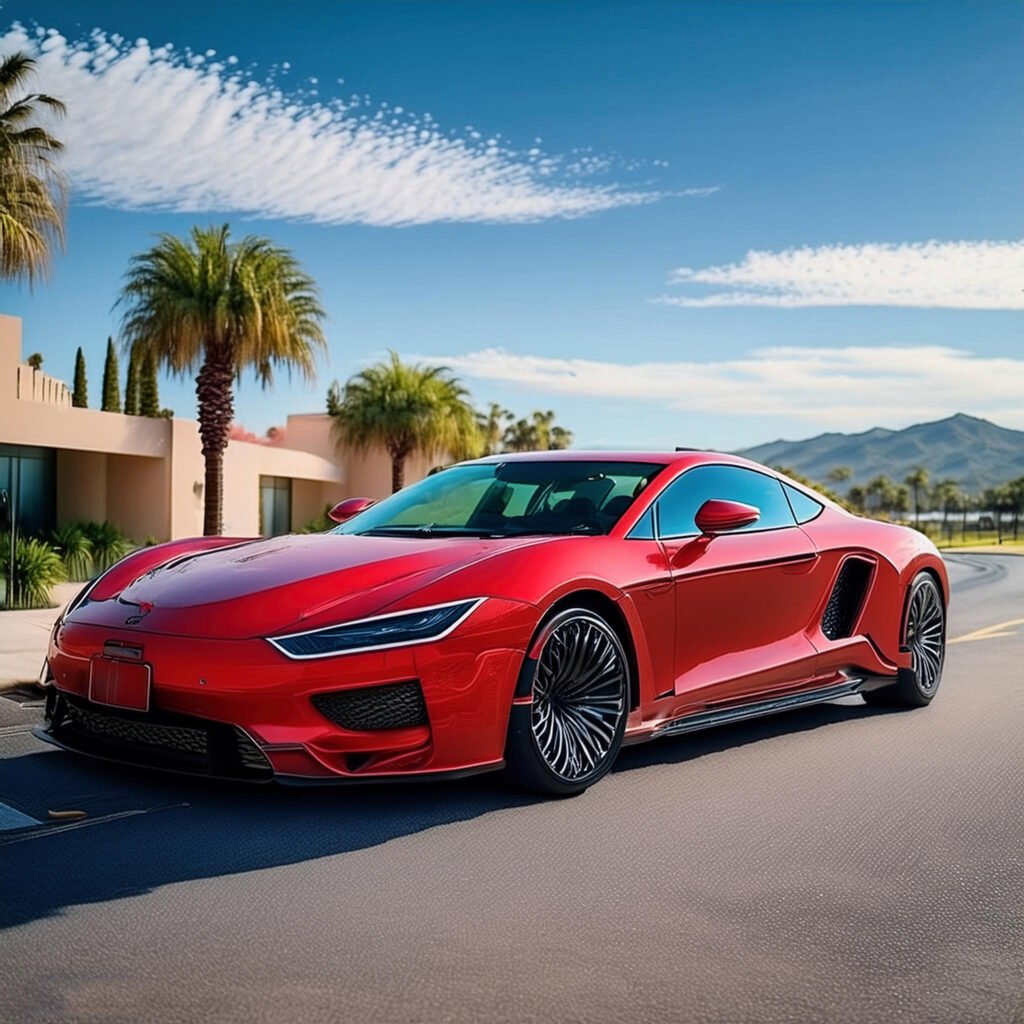 Red sports car on a palm-lined Murrieta road with a clear blue sky, showcasing Carzilo's rapid car selling process.
