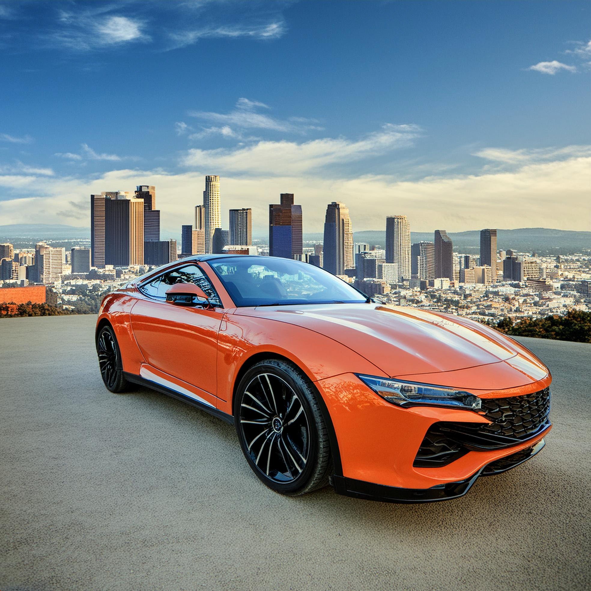 Orange sports car parked with a panoramic view of the Los Angeles skyline, representing Carzilo's car brokerage services in LA.