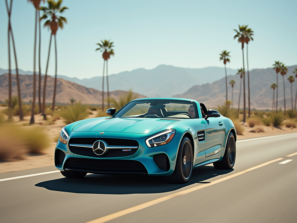 A turquoise Mercedes-Benz convertible driving on a sunny desert road with palm trees and mountains in the background in Indio, California.