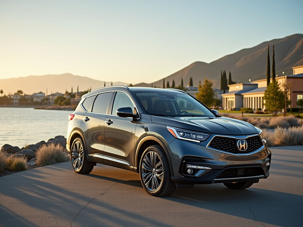 Silver Honda SUV parked by a scenic lakeside in Mission Viejo during sunset.