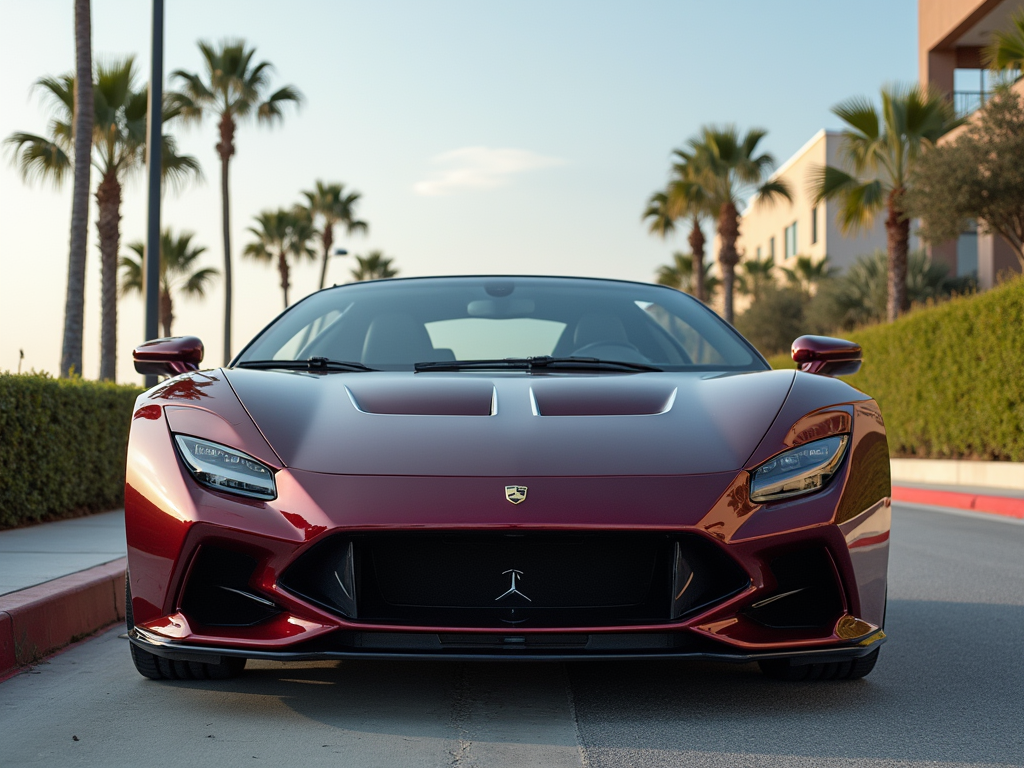 Front view of a sleek, red sports car on a sunny day in Carson, California, with palm trees in the background.
