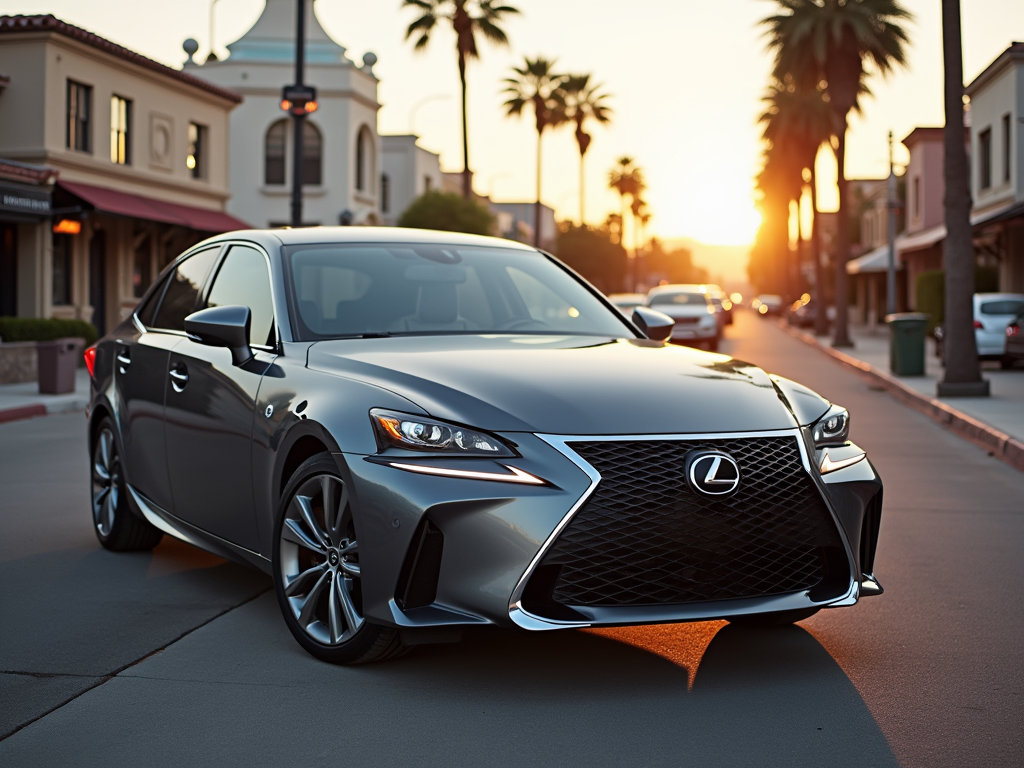 Luxury Lexus sedan parked on a sunlit street in California at sunset.