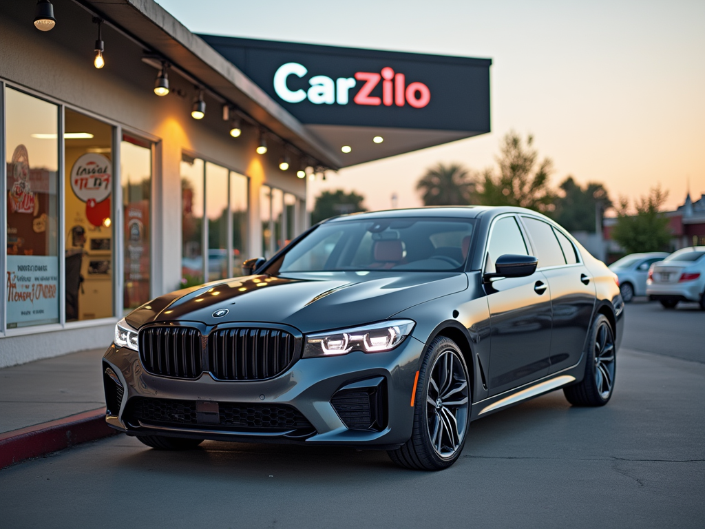 A black BMW sedan parked in Hawthorne, California, during sunset.