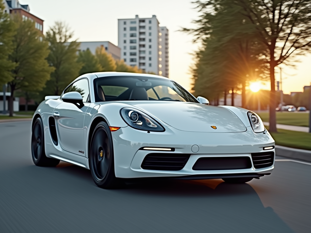 White luxury sports car driving through a modern city street at sunset.
