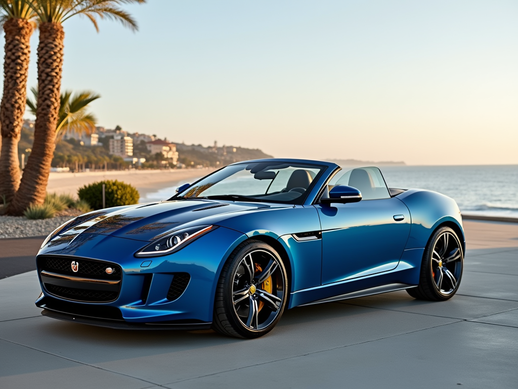 Sleek blue convertible parked near the beach in Newport Beach, California, with palm trees and the ocean in the background.