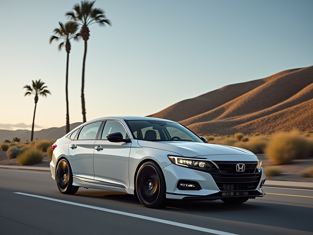 White Honda sedan driving on a desert highway in South Gate, California, with palm trees and sand dunes in the background during late afternoon.