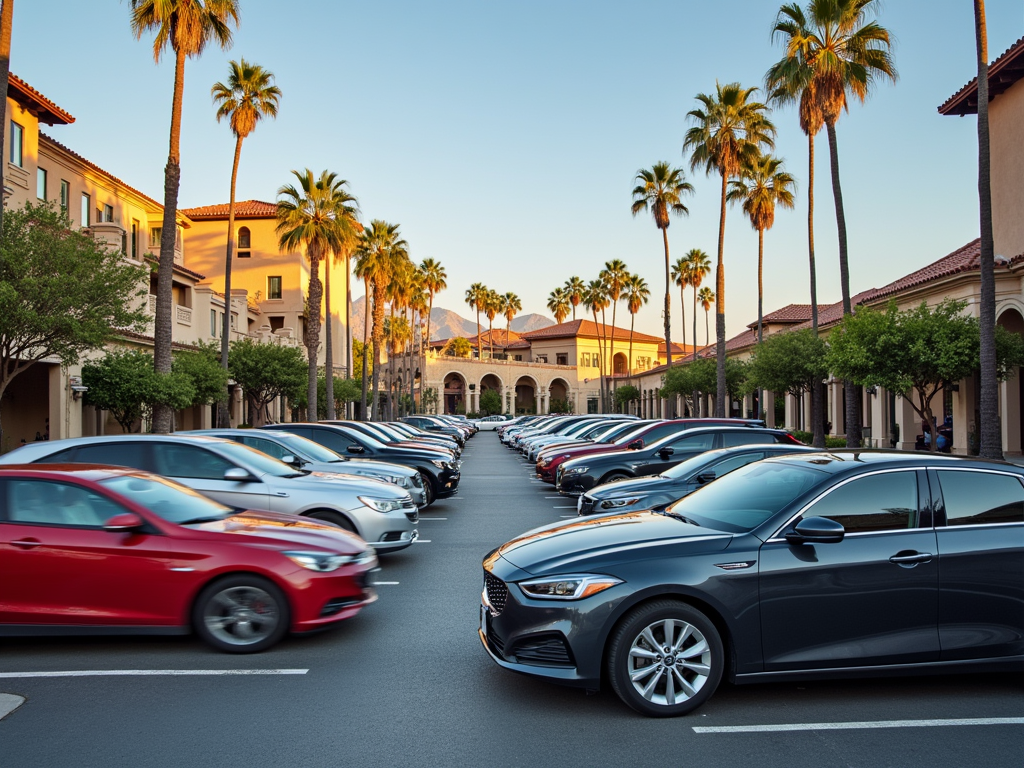 A parking lot in Vista, California, filled with a variety of cars, flanked by palm trees and Spanish-style buildings at sunset.
