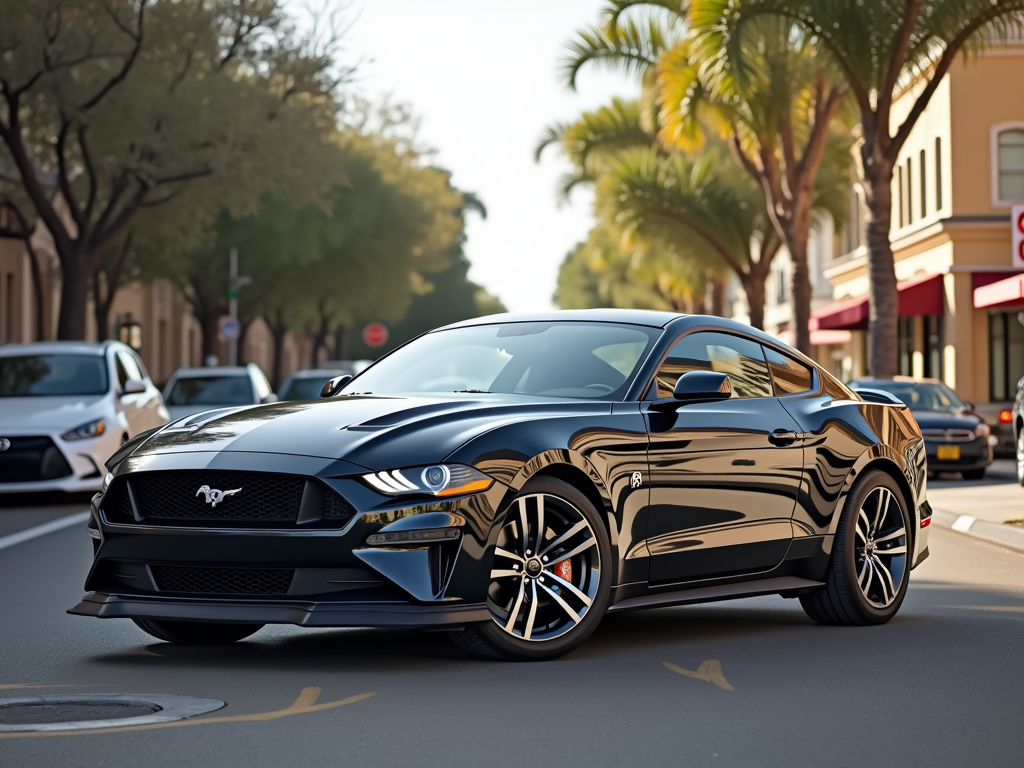 Black sports car parked on a sunny street in Whittier, California, surrounded by palm trees and urban buildings.