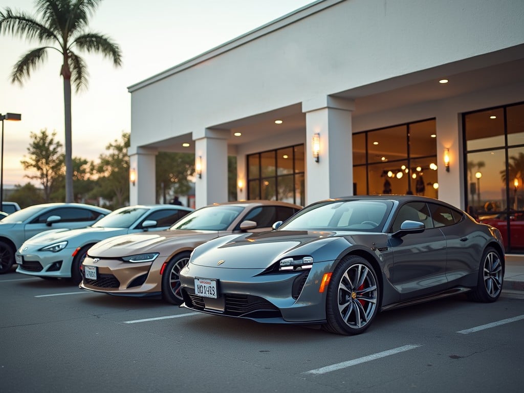 A lineup of modern luxury cars parked in front of a dealership at sunset in Buena Park, California.