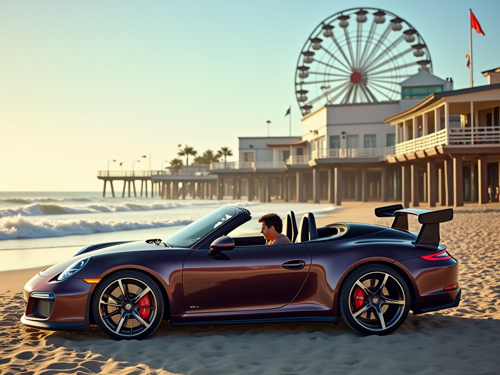 Luxury sports car parked on the sandy beach near the Santa Monica Pier during sunset, with a ferris wheel in the background.