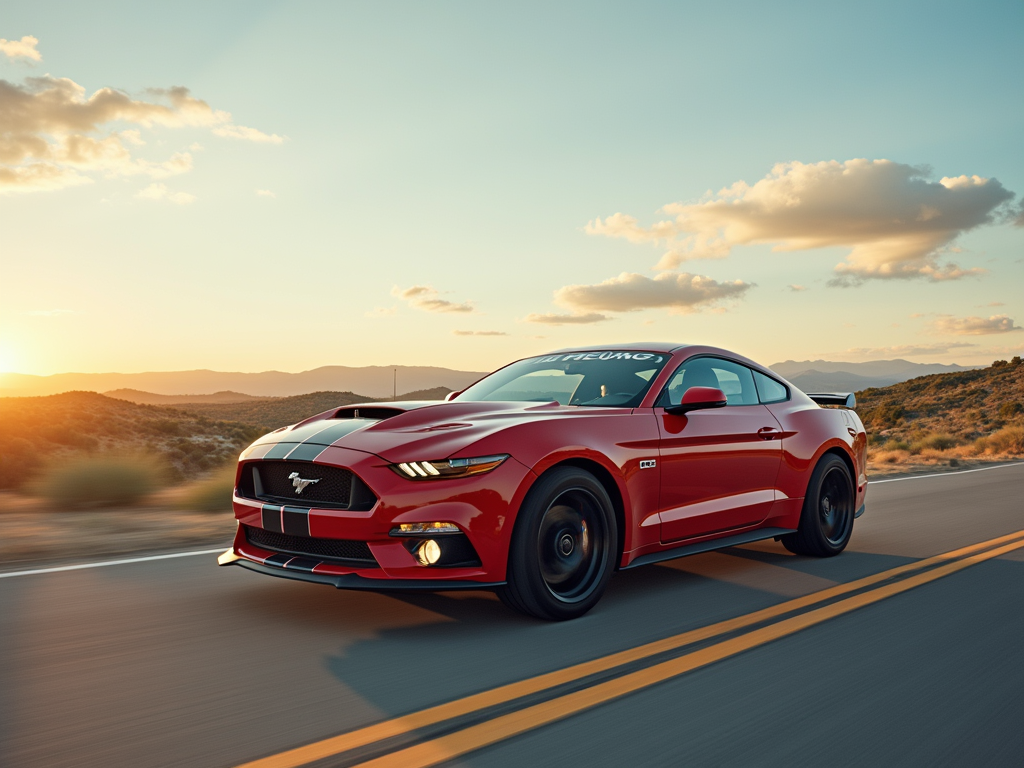 Red Ford Mustang driving on an open road at sunset near Hemet, California.