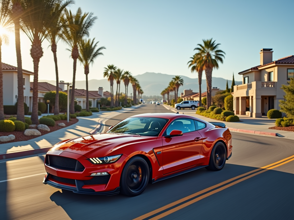 Red sports car driving through a sunny residential neighborhood in San Marcos, California, with palm trees and modern homes in the background.