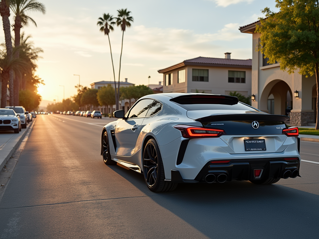 White luxury car driving down a sunlit street in Alhambra, California, lined with palm trees and residential buildings.