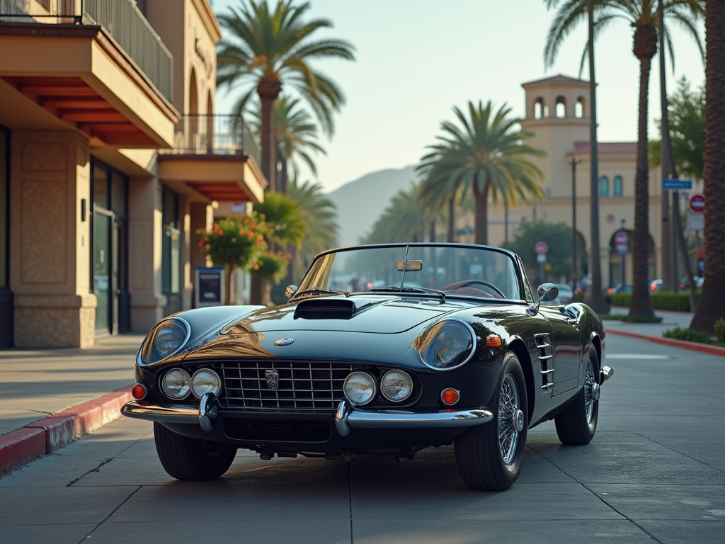 Classic black convertible car parked on a palm tree-lined street in Westminster, California, during the early morning.